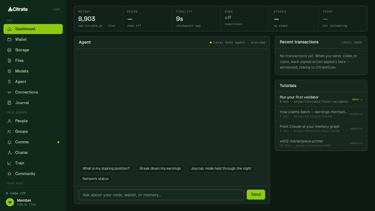 The Citrate Core dashboard: the node vitals strip, the on-device agent, recent activity, and tutorials, inside the grouped sidebar.