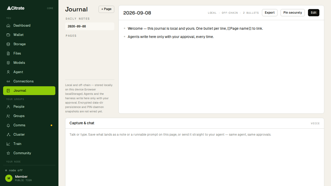 Journal: a plain-language record of what your node and account have done.