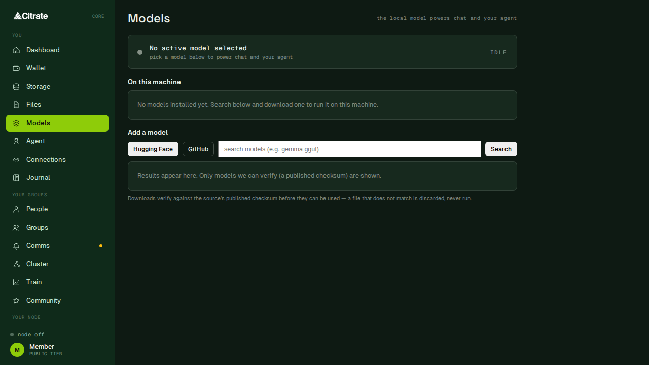 Models: browse and manage the models available on device and on the network.