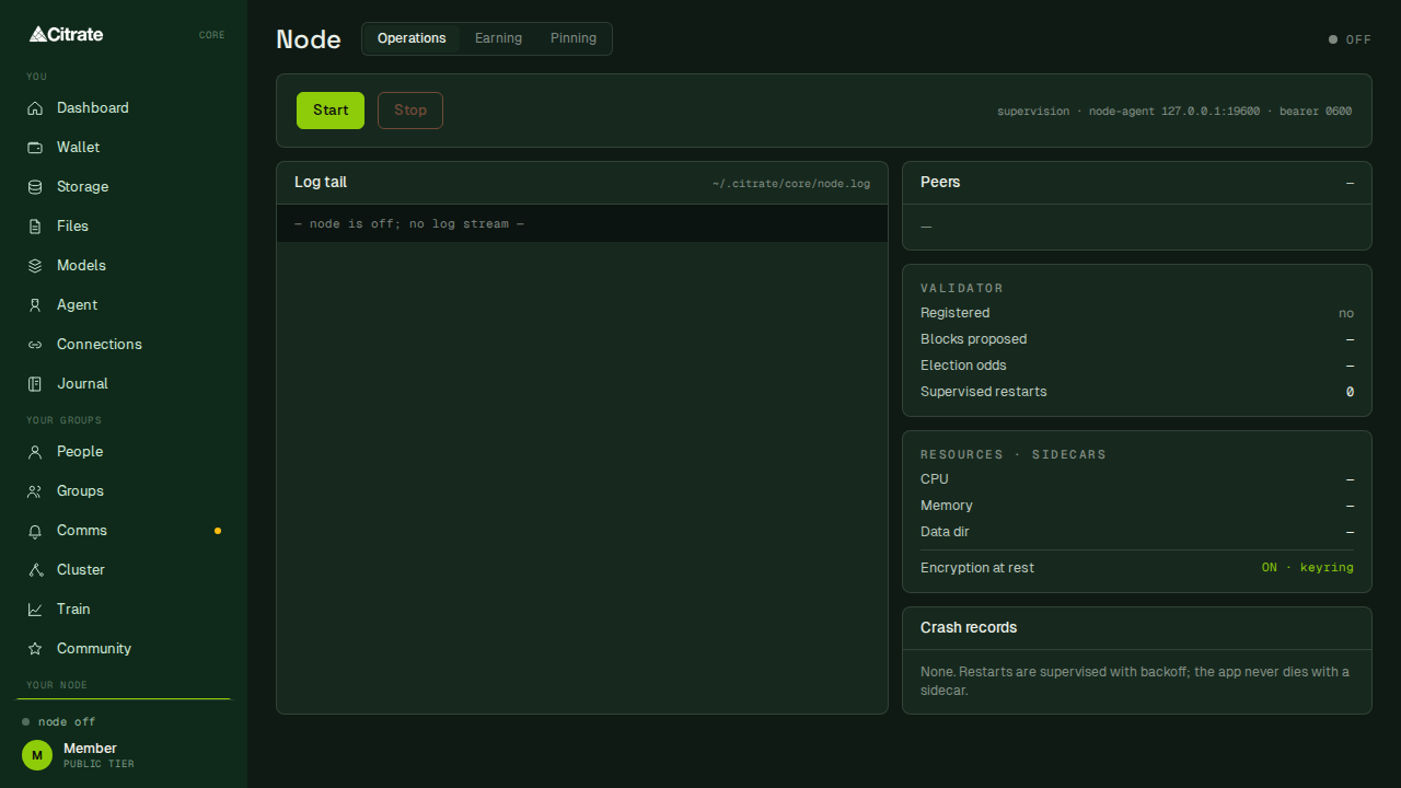 The Node surface: start and stop, the live log tail, peers, validator status, resources, and crash records.