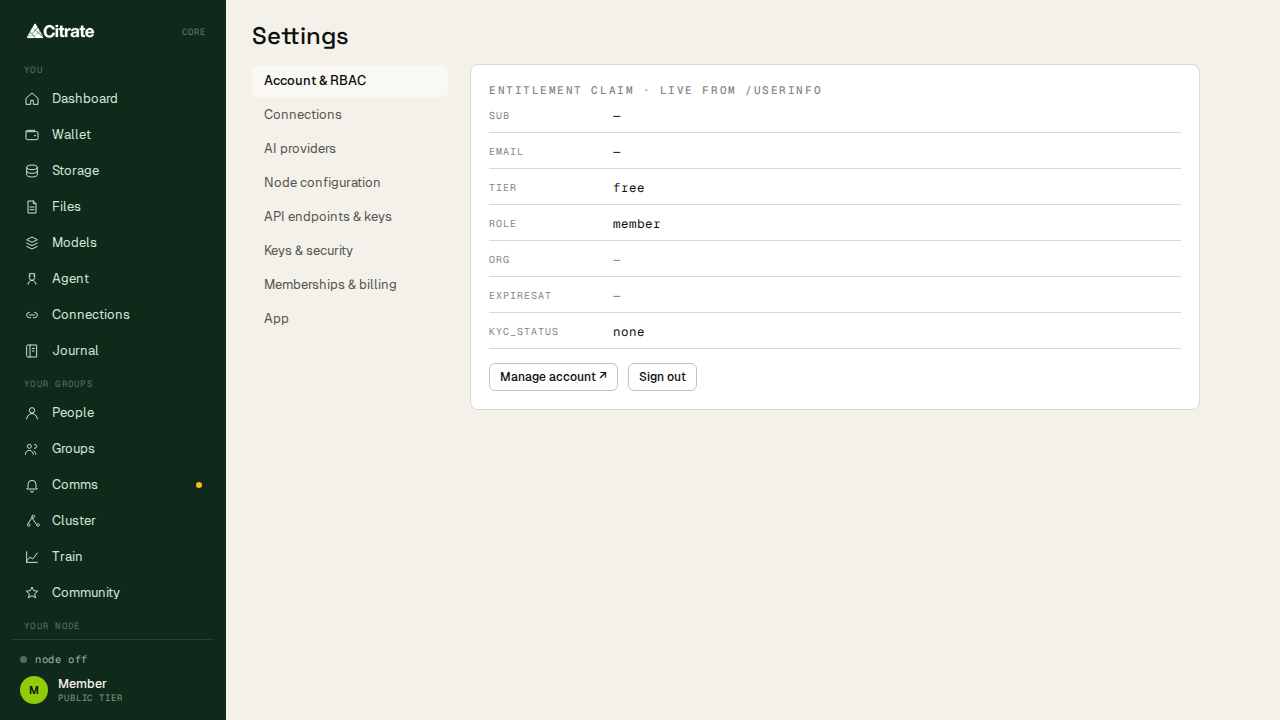 Settings: application, account, node, and identity configuration.