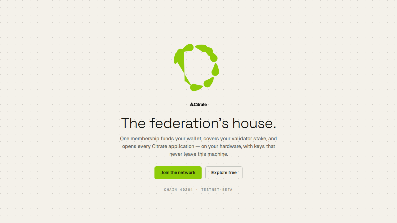Step 0, the welcome screen: the app introduces itself and offers Join the network or Explore free.