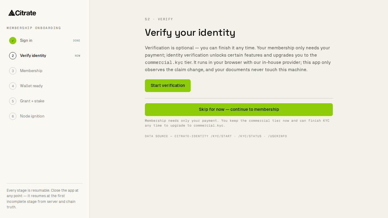 Step 2, verify identity: complete the VERI check that gates membership.