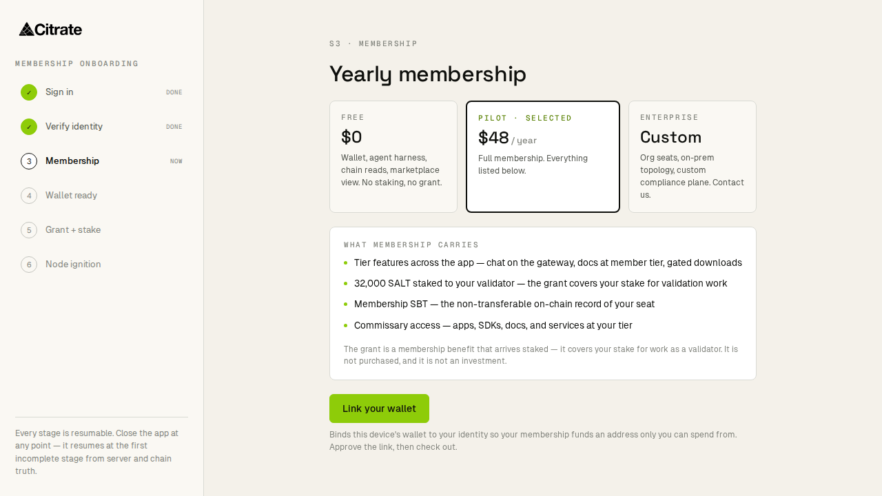 Step 3, membership: review and take the membership that funds the account and the stake.