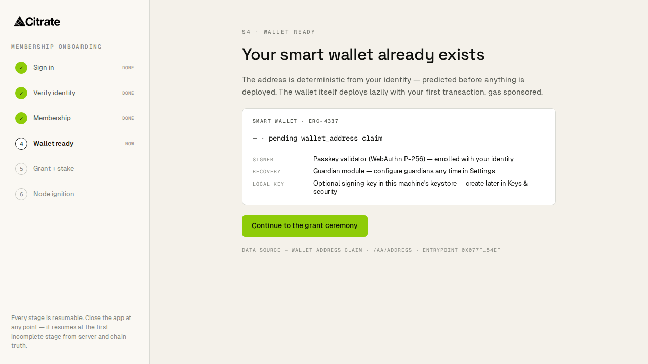 Step 4, the account is ready: your Citrate Keyring smart account is provisioned and can receive.